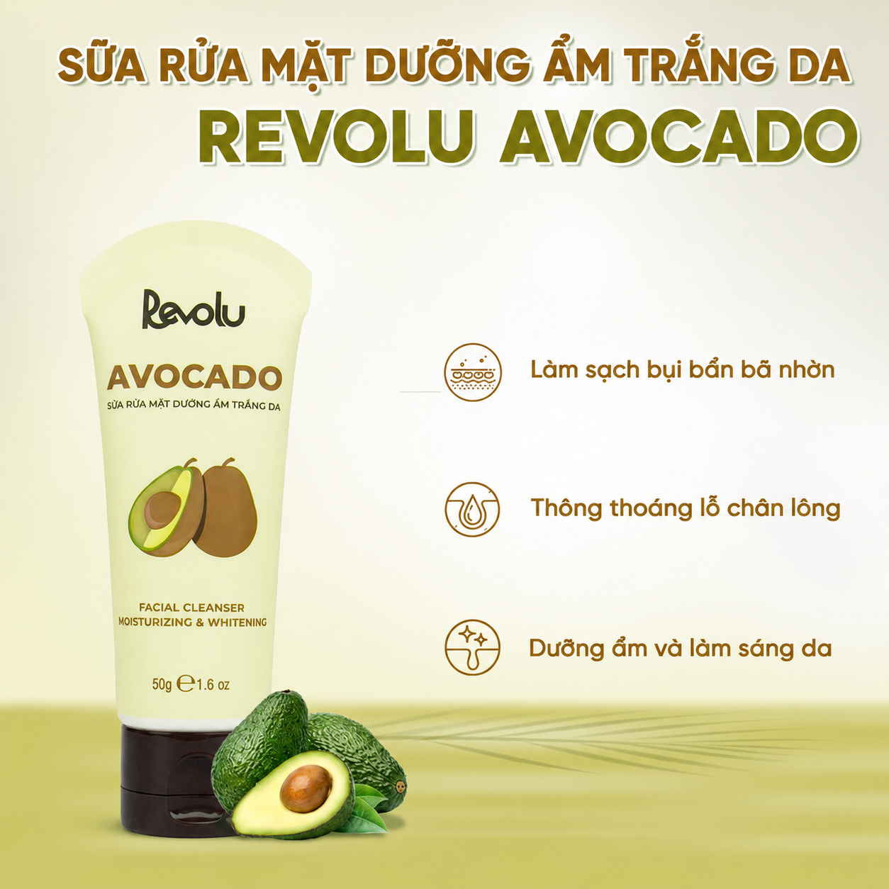 Sữa rửa mặt dưỡng ẩm trắng da Revolu Avocado 50g (1) Sữa rửa mặt dưỡng ẩm trắng da Revolu Avocado 50g