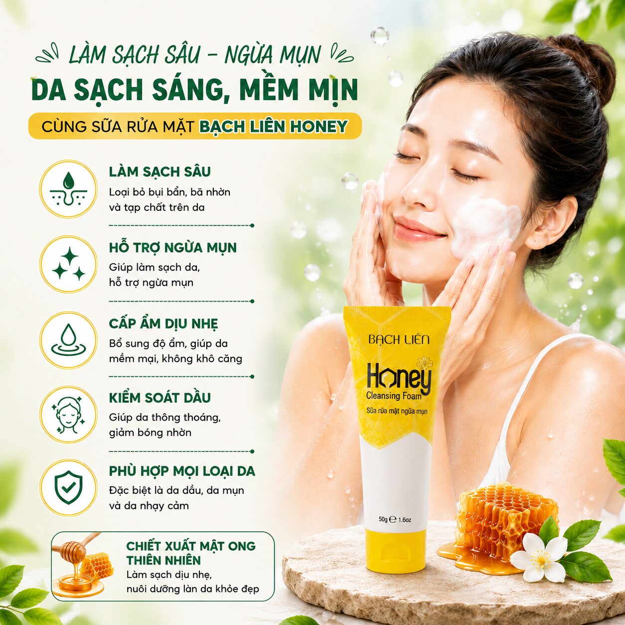 Sữa rửa mặt ngừa mụn Bạch Liên Honey (1)