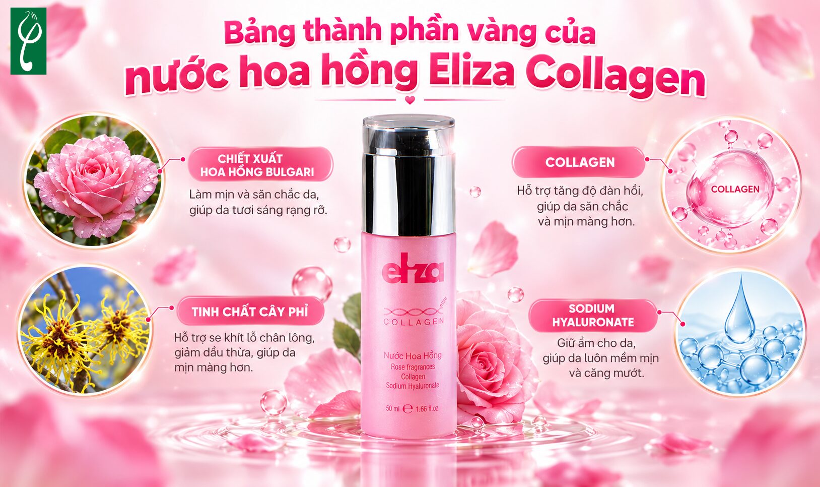 Bảng thành phần vàng của nước hoa hồng Eliza Collagen